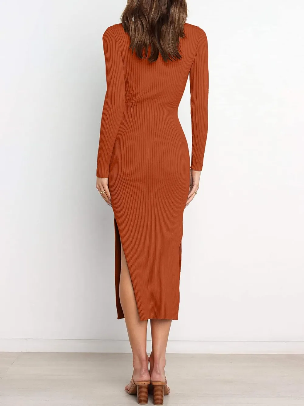 Long Sleeve Sweater Dress Crew Neck Slim Fit Slit Tie Waist 2024 Ribbed Knit Bodycon Midi Dress Fall Outfits