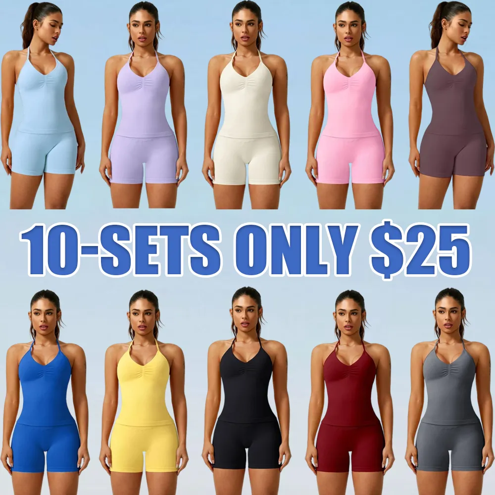 Women's Ruched Backless Halter Top & High Waist Shorts Tracksuit Set