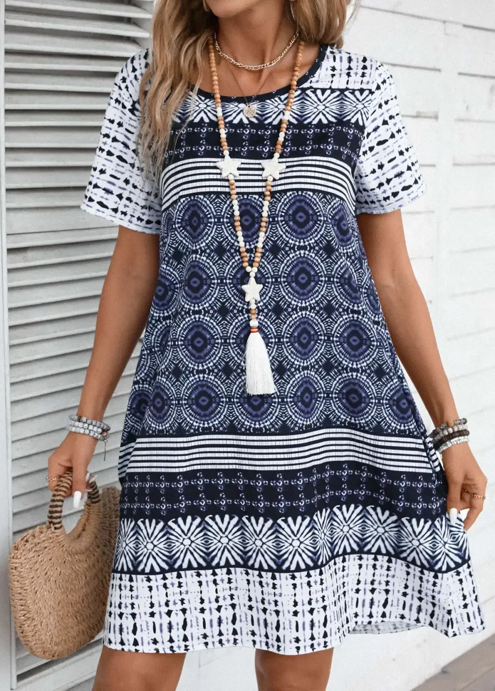 Blue Tribal Print A Line Short Sleeve Dress