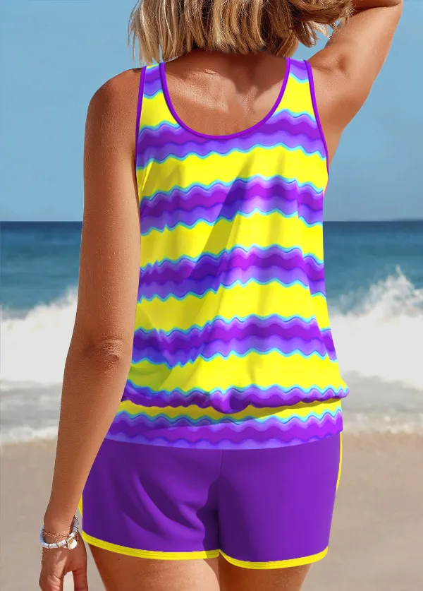 Patchwork Purple Wave Pattern Print Tankini Set