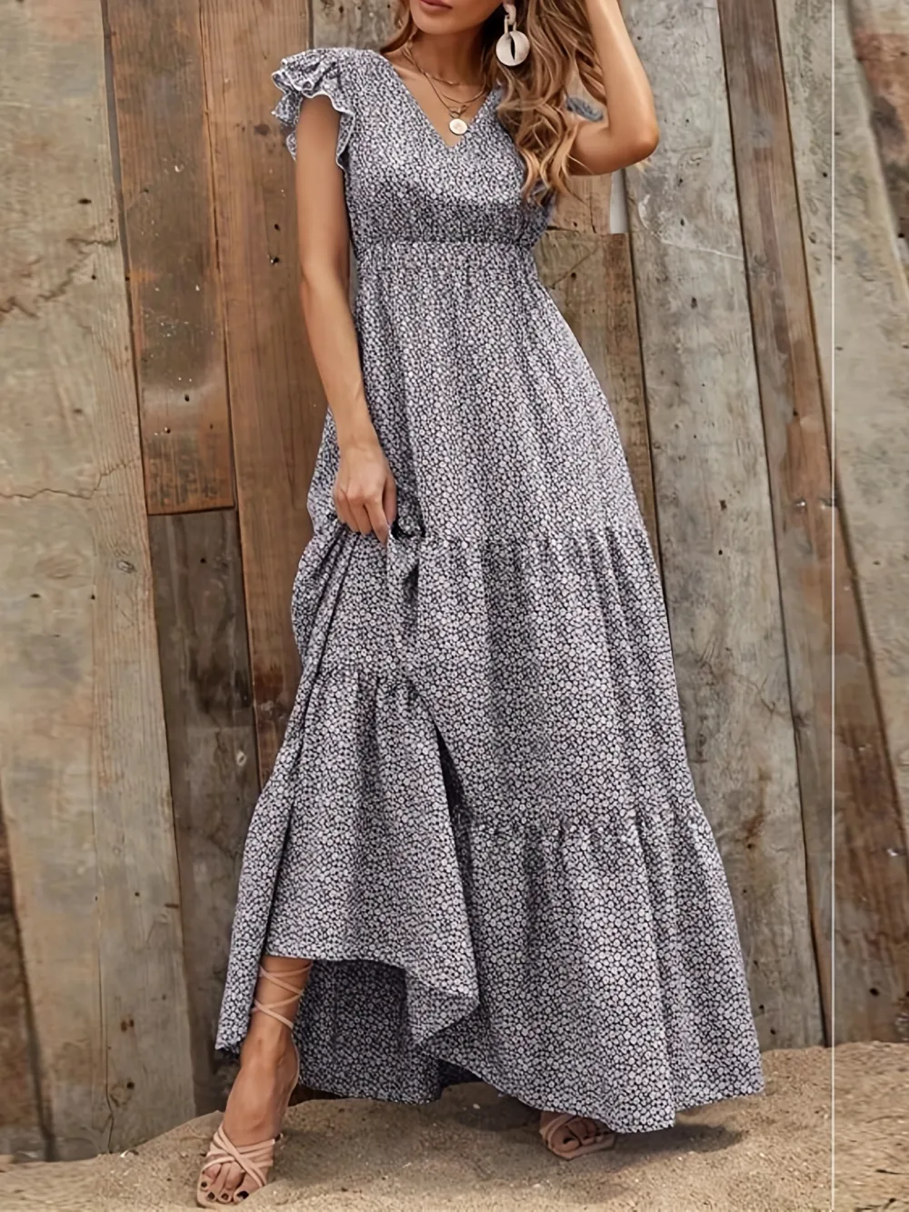 Ditsy Floral Print High Waist Dress, Elegant Ruffle Trim Sleeveless V Neck Maxi Dress, Women's Clothing