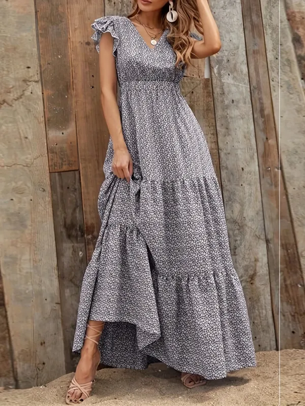 Ditsy Floral Print High Waist Dress, Elegant Ruffle Trim Sleeveless V Neck Maxi Dress, Women's Clothing
