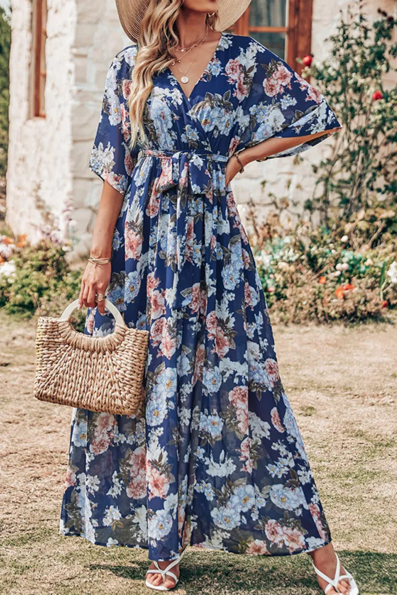 Casual Print Patchwork V Neck Waist Skirt Dresses(7 Colors)
