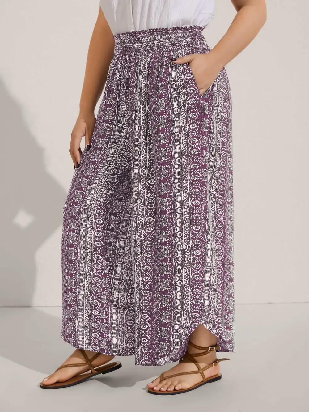 Boho Print Shirred Waist Wide-Leg Pants