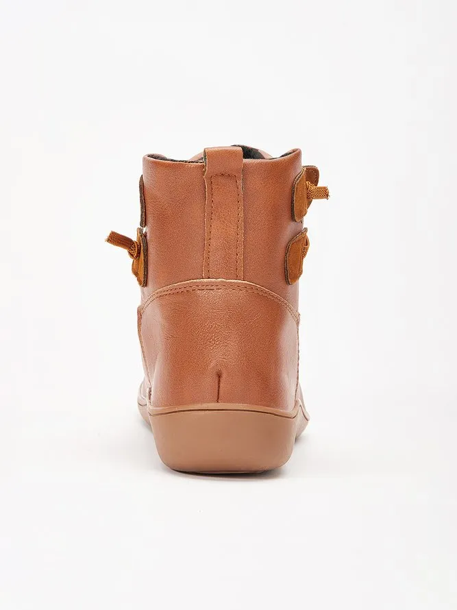 Vintage Women Casual Braided Strap Breathable Lether PU Flat Heel Classic Boots