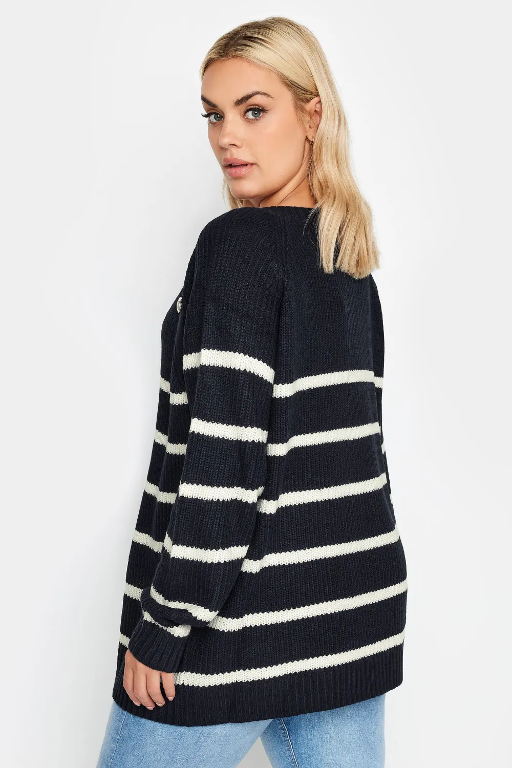 YOURS Curve Ivory White Stripe Button Detail Jumper