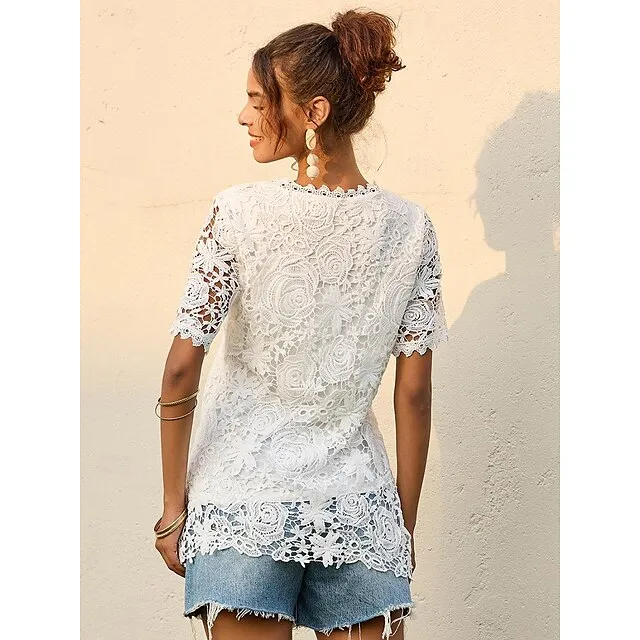 Women's Lace Blouse Floral Pattern White Square Neckline Short Sleeve Casual Elegant Spring Summer