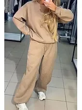 Women's Fashion Streetwear Pants Sets Bolero Top Long Sleeve Crew Neck Solid Color Sequins Outdoor Work Casual Black White Blue Fall Loose Fit