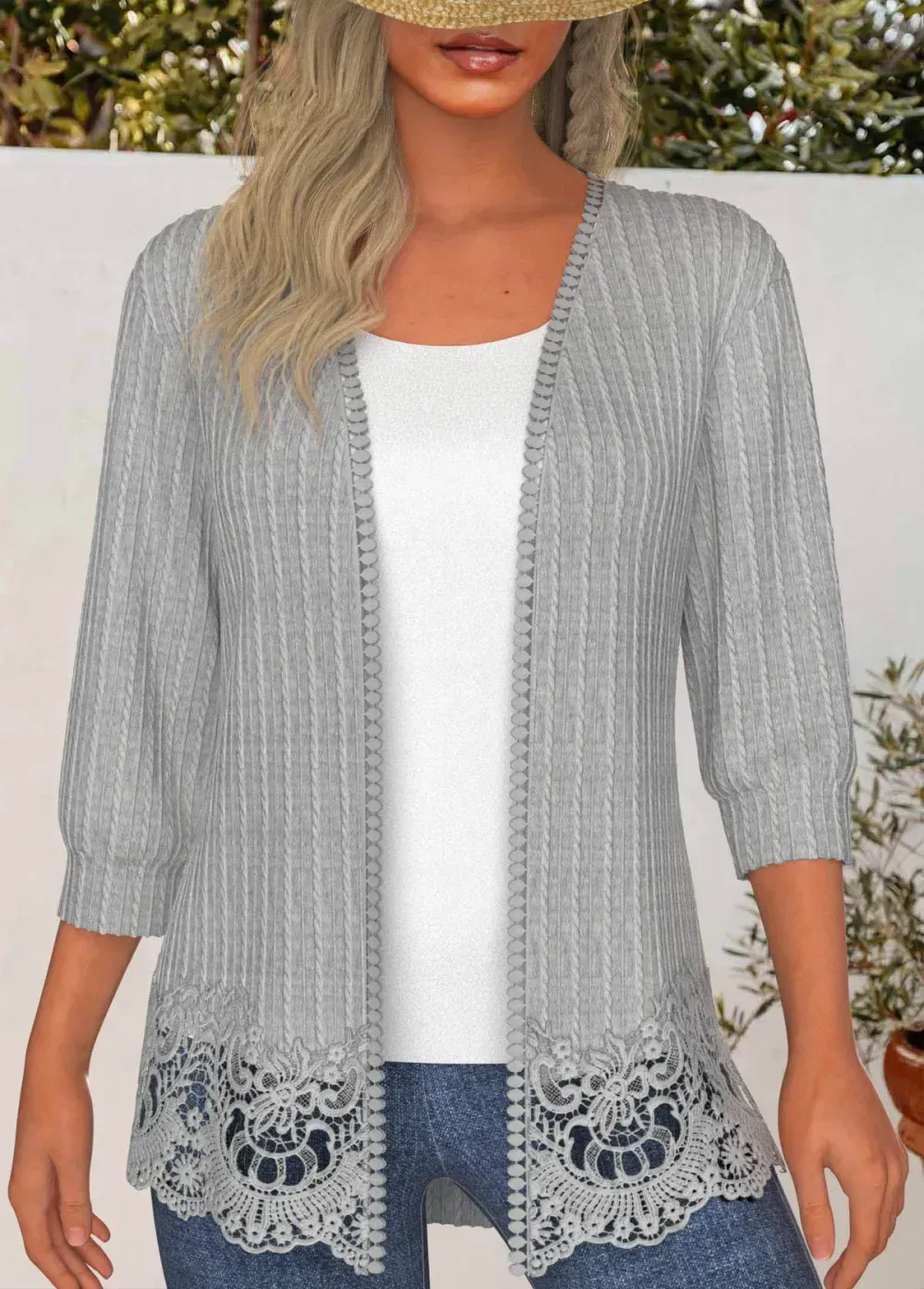 Lace Open Front 3/4 Sleeve Light Cardigan