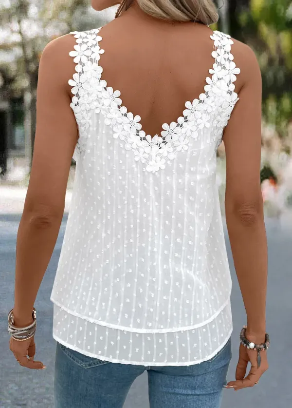 White Embroidery Sleeveless V Neck Tank Top