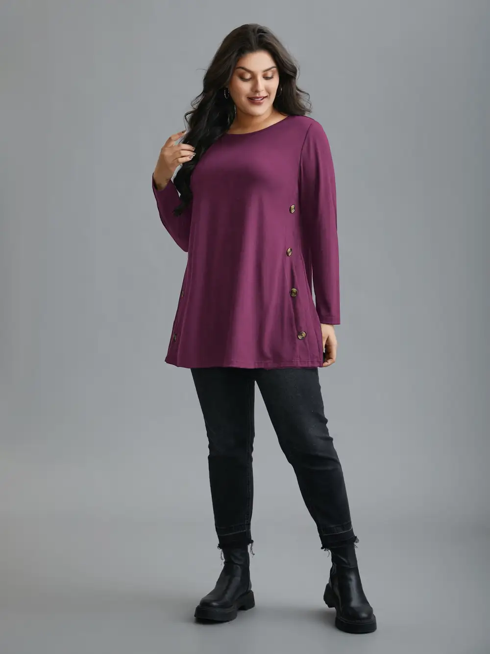 Round Neck Button Slim-Fit Knit Top