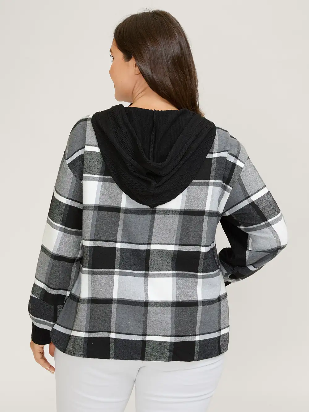 Plaid Contrast Print Relaxed-Fit Hoodie