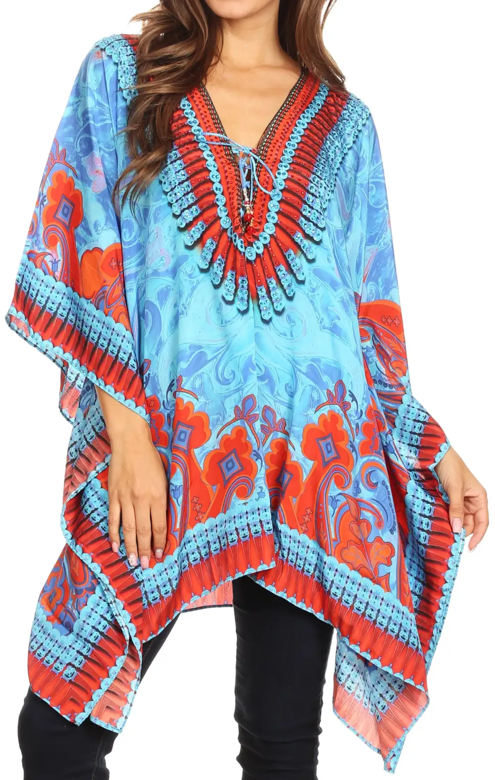 Women's Caftan Poncho Cover up V neck Top Lace up With Rhinestone