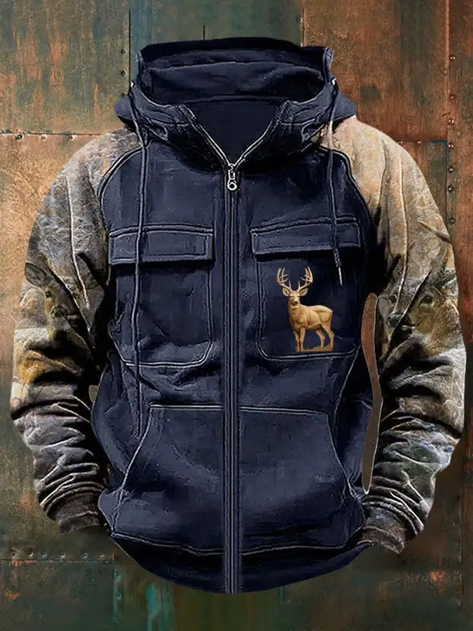 Men's Vintage Western Deer Print Multi-Pocket Jacket