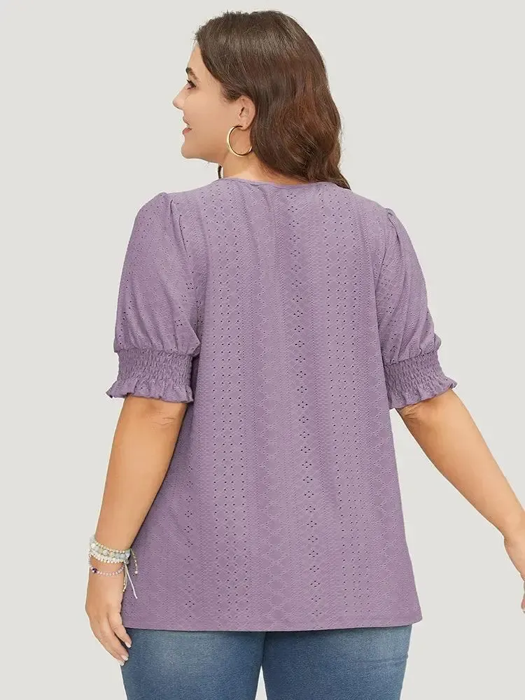 Plain Broderie Anglaise Shirred Puff Sleeve Button Detail T-shirt