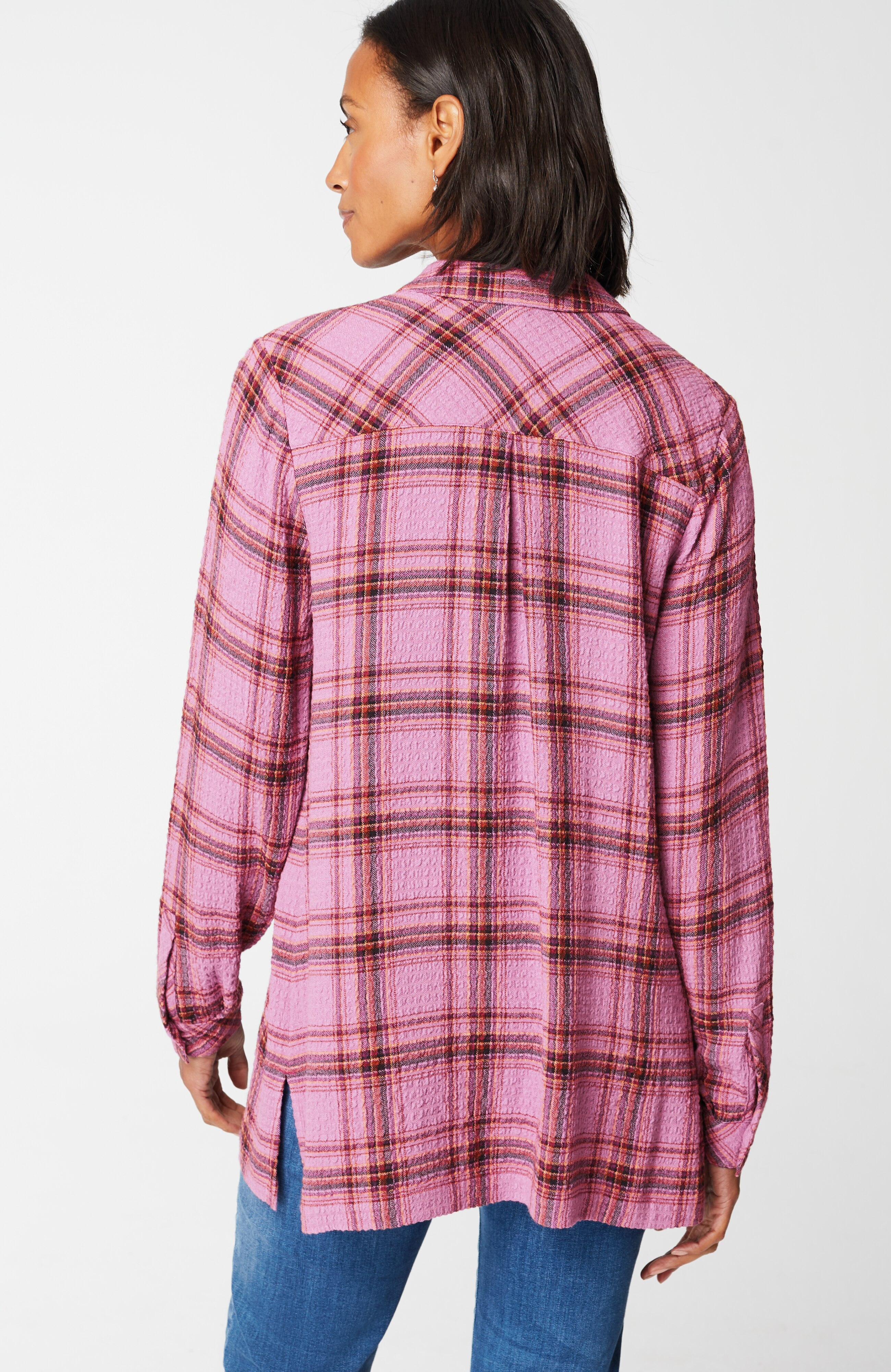 Crinkled Plaid Button-Front Tunic