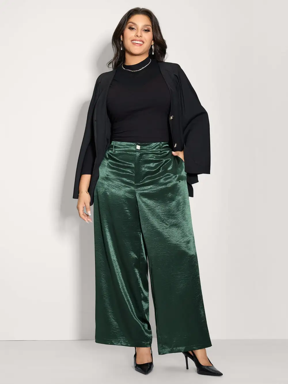 Satin Button Detail Straight-Leg Pants