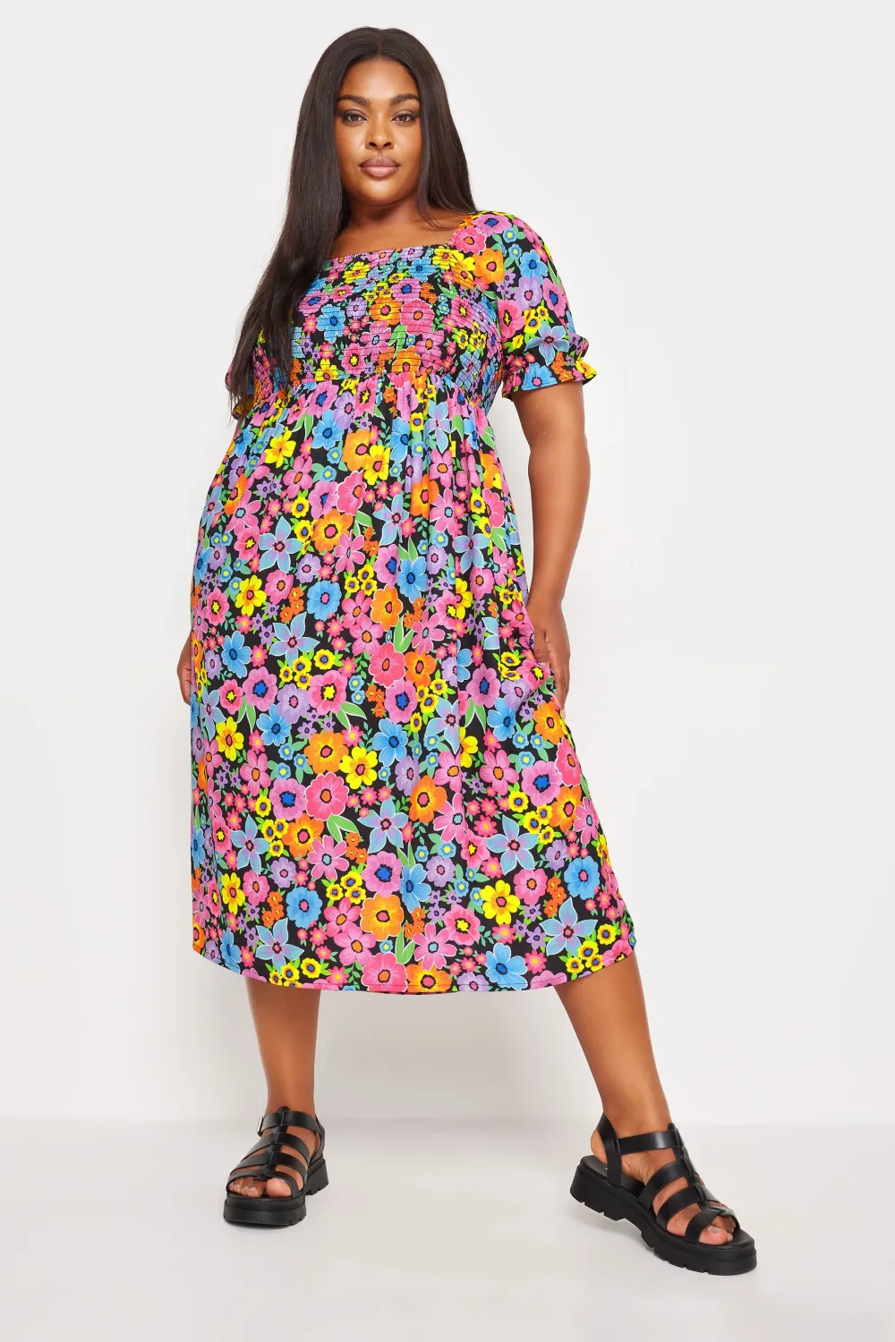 YOURS Curve Blue Floral Print Shirred Midaxi Dress