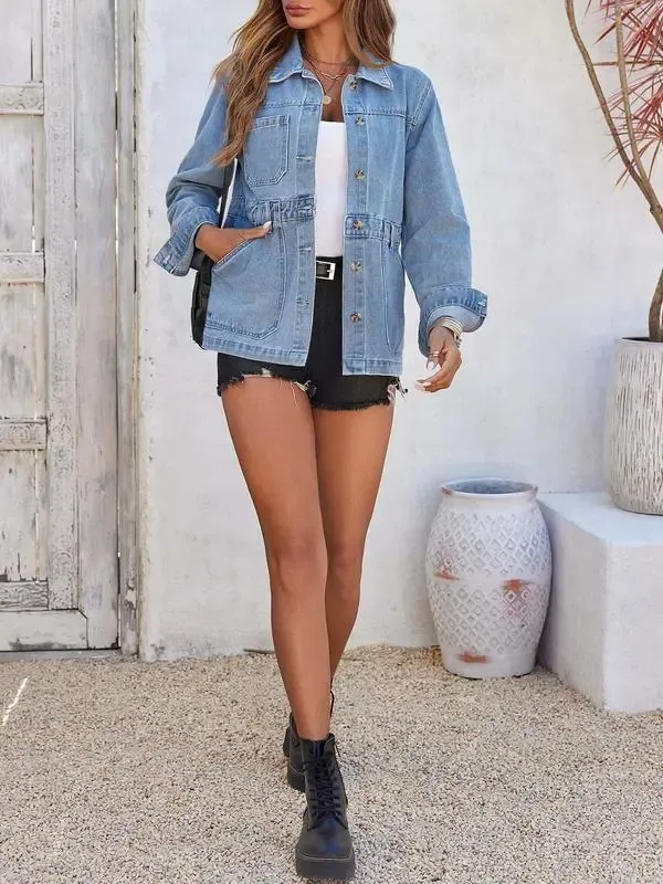 Womens Oversized Denim Jacket Distressed Button Down Boyfriend Jean Jackets 2025 Trendy Shacket