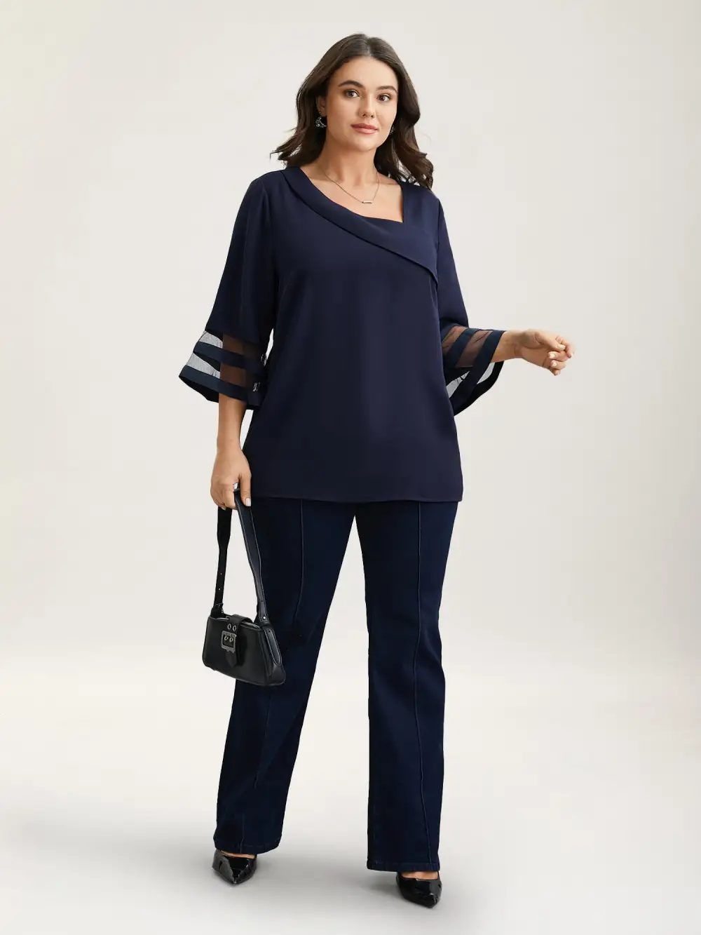 Sheer Sleeve Patchwork Asymmetrical Neckline Blouse