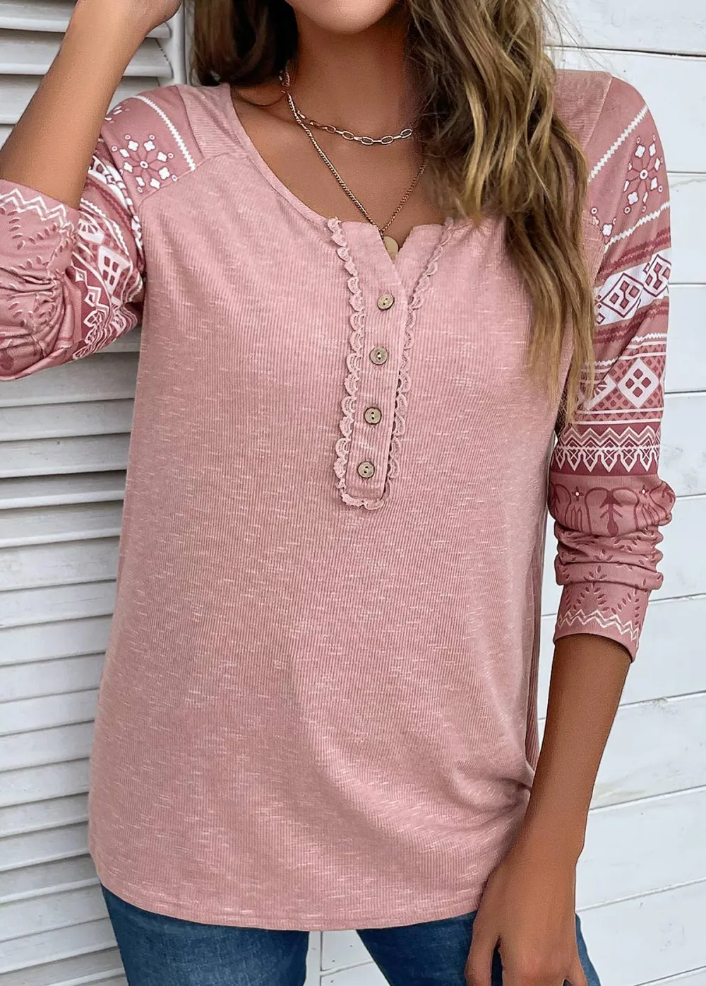 Pink Lace Tribal Print Long Sleeve T Shirt