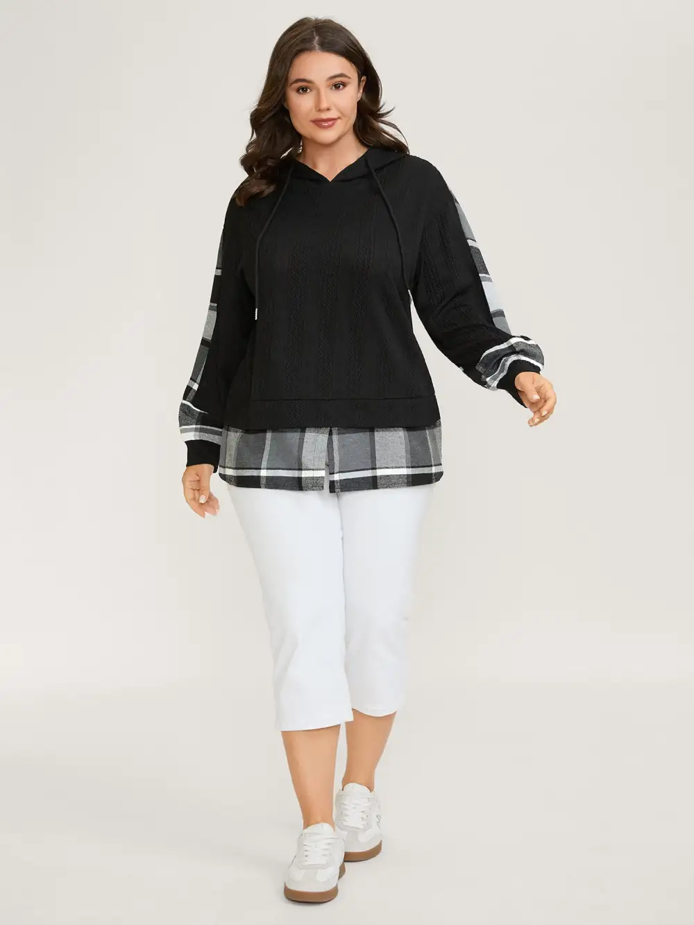 Plaid Contrast Print Relaxed-Fit Hoodie