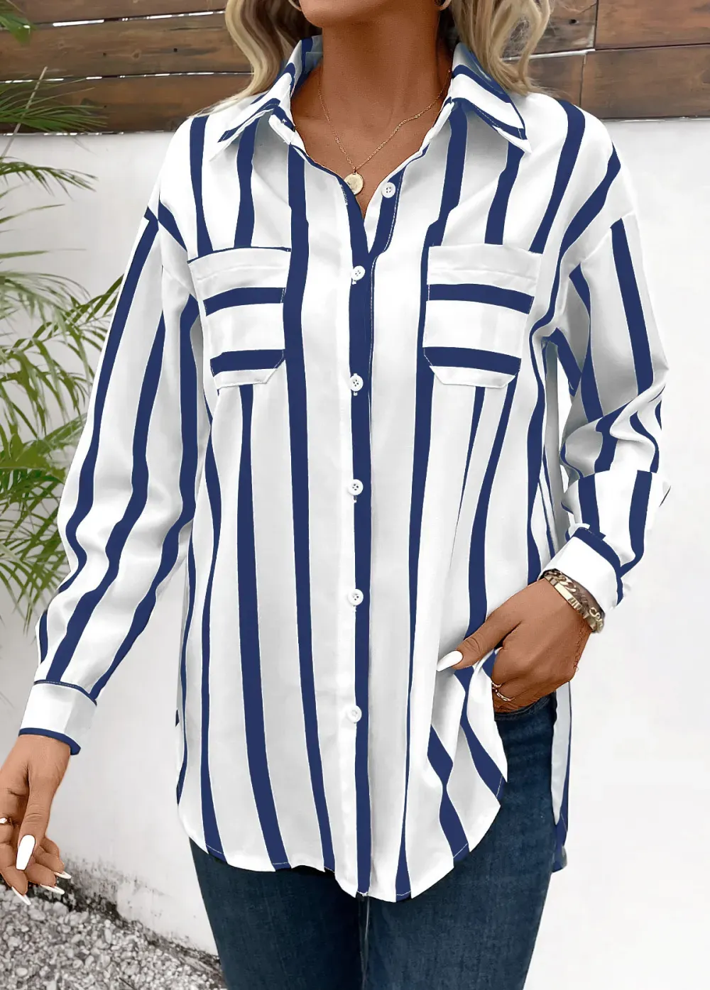 Blue Button Striped Long Sleeve Shirt