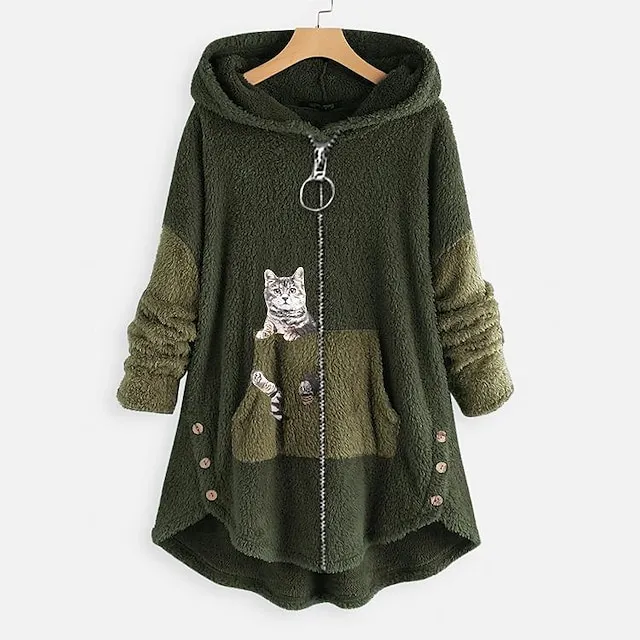 Women's Hoodie Sweatshirt Pullover Fleece Pullover Sherpa Fleece Teddy Zip Up Front Pocket Pink Green Dark Grey Cat Street Casual Hoodie Plus Size Long Sleeve Top Fleece lined Micro-elastic Fall