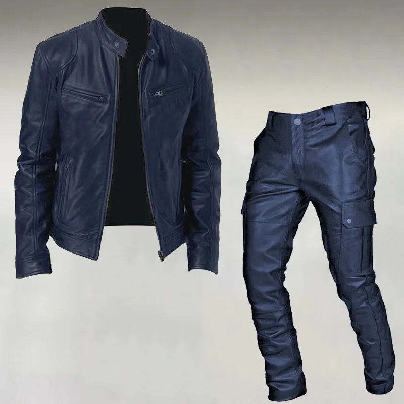 Men's Fashion Casual Stand Collar Zipper PU Leather Jacket & Pocket Pants 2Pcs Set