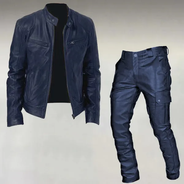 Men's Fashion Casual Stand Collar Zipper PU Leather Jacket & Pocket Pants 2Pcs Set
