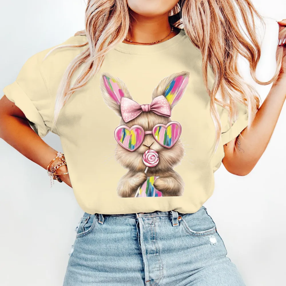 Easter Bunny Printed Round Neck Short Sleeve T-Shirt