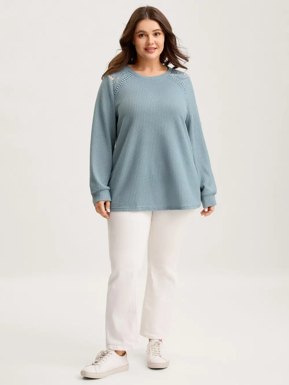 Waffle Spliced Floral Lace Sweatshirt