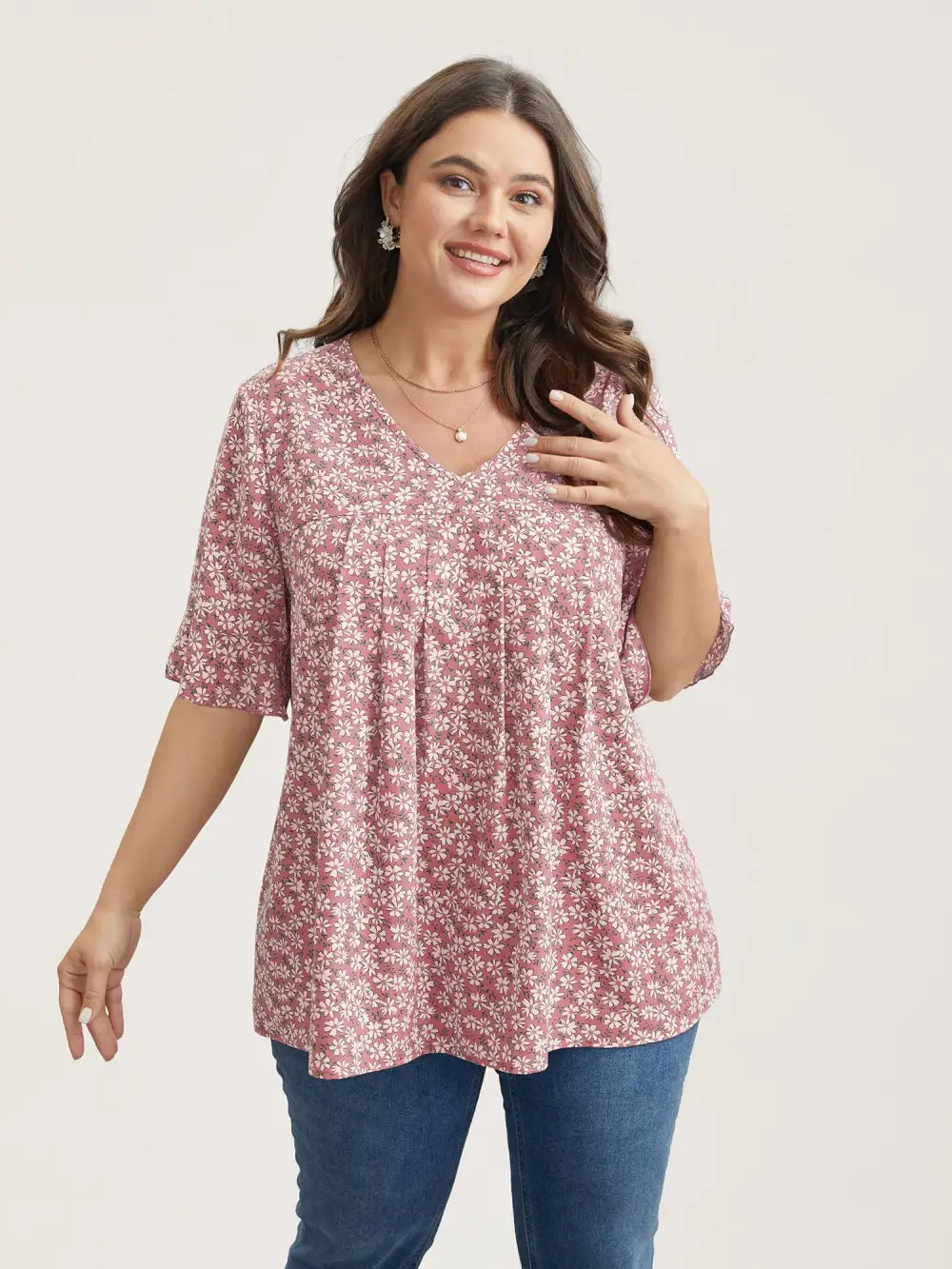 Ditsy Floral Pleated Flared Sleeve Shirt