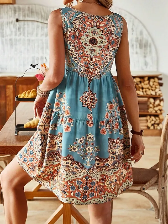 Women's Sundress Tank Dress Floral Ruched Print U Neck Midi Dress Tropical Vacation Beach Sleeveless Summer Spring