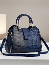 Women's Croc-Embossed Top-Handle Satchel – Structured Medium Tote Handbag with Detachable Crossbody Strap, Zip Accents & Gold Hardware for Work, Office, Travel & Everyday