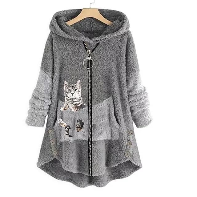 Women's Hoodie Sweatshirt Pullover Fleece Pullover Sherpa Fleece Teddy Zip Up Front Pocket Pink Green Dark Grey Cat Street Casual Hoodie Plus Size Long Sleeve Top Fleece lined Micro-elastic Fall