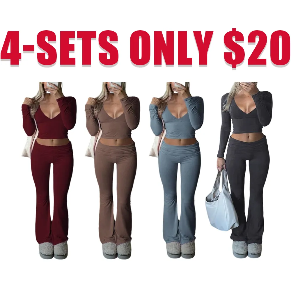 Fall/Winter Elegant 2-Piece Set: Slim-Fit V-Neck Long Sleeve Crop Top & Plain Pants