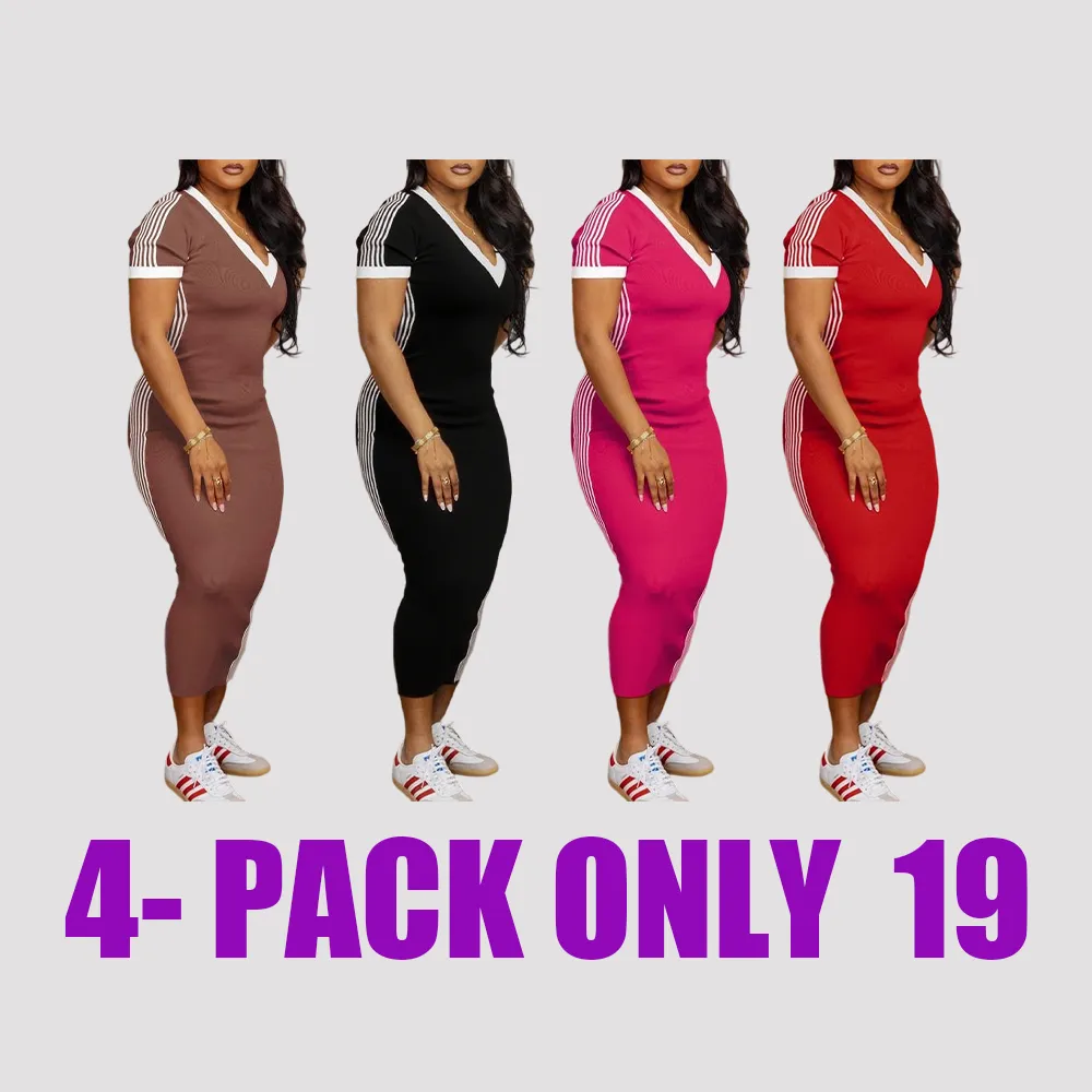 Women’s Striped Trim V-Neck Dress – Casual Short Sleeve Outfit