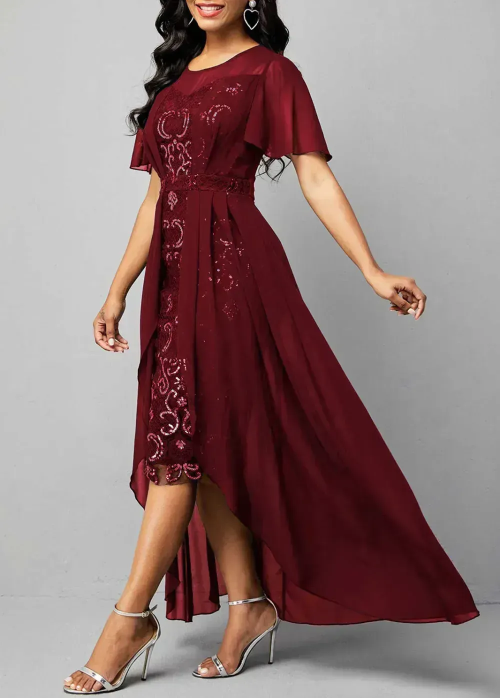 Chiffon Sequin Embroidered Round Neck Dress