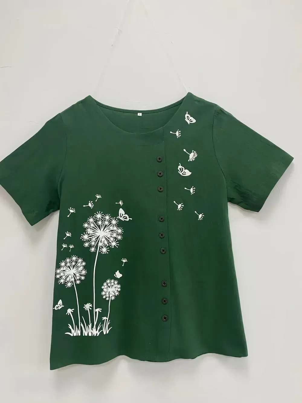 Women's Plus Dandelion Print Tee, Short Sleeve, Casual, Round Neck, Plus Size
