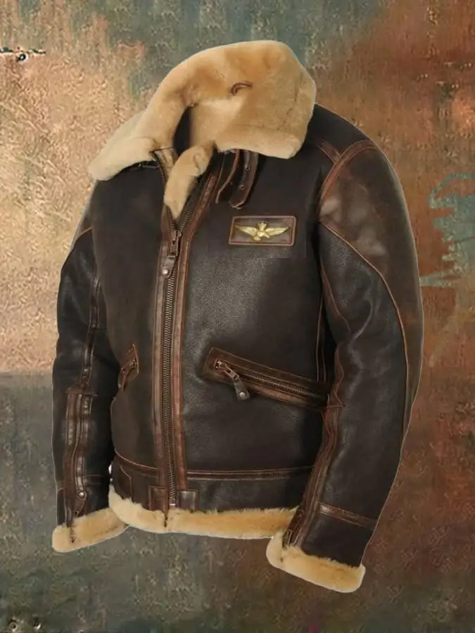 Men's Vintage Casual Lapel Zipper Faux Fur Leather Jacket