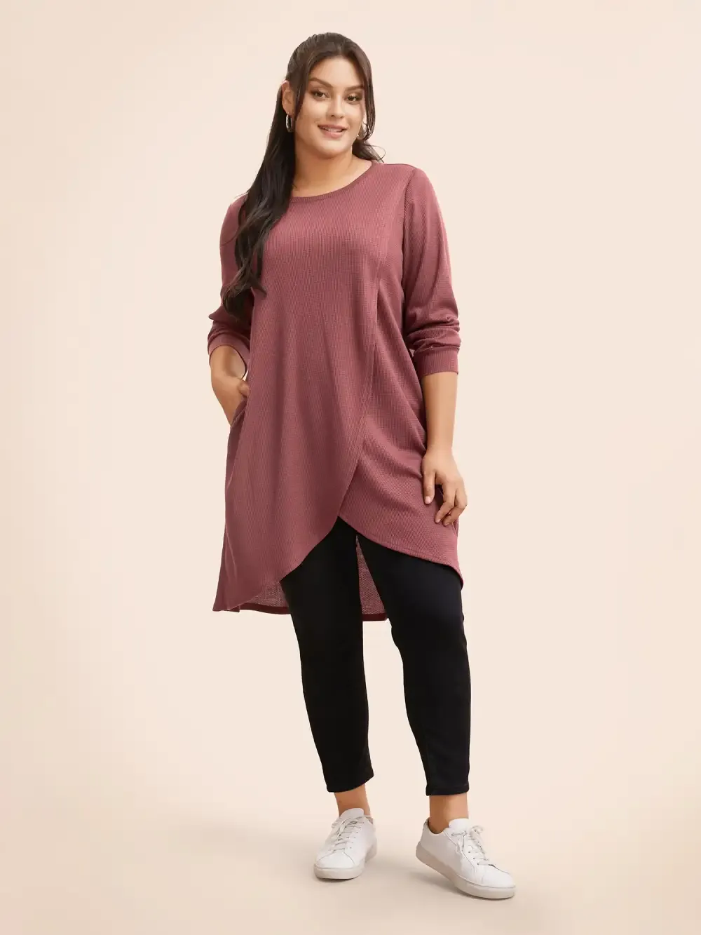 Solid Waffle Knit Overlap Hem T-Shirt