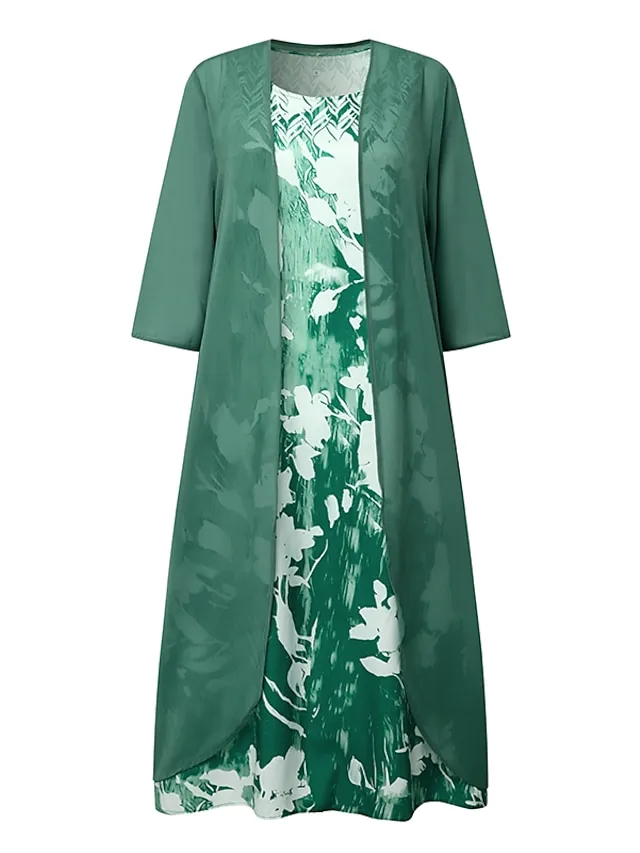 Women‘s Dress Set Two Piece Dress Midi Dress Green Blue Gray Half Sleeve Floral Print Summer Spring U Neck Casual 2023 S M L XL XXL 3XL