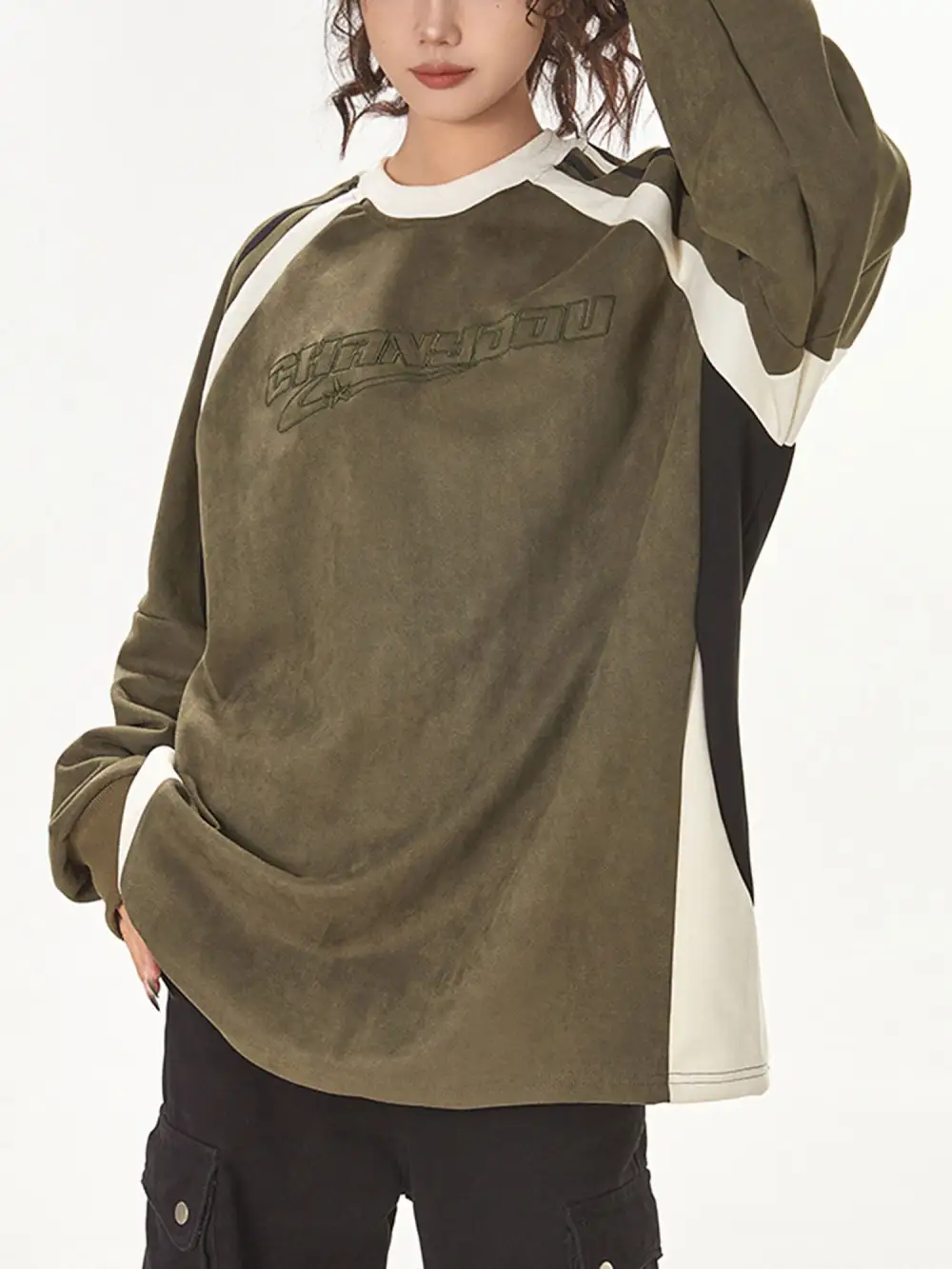 Patchwork Color-Blocked Raglan Embroidered Sweatshirt