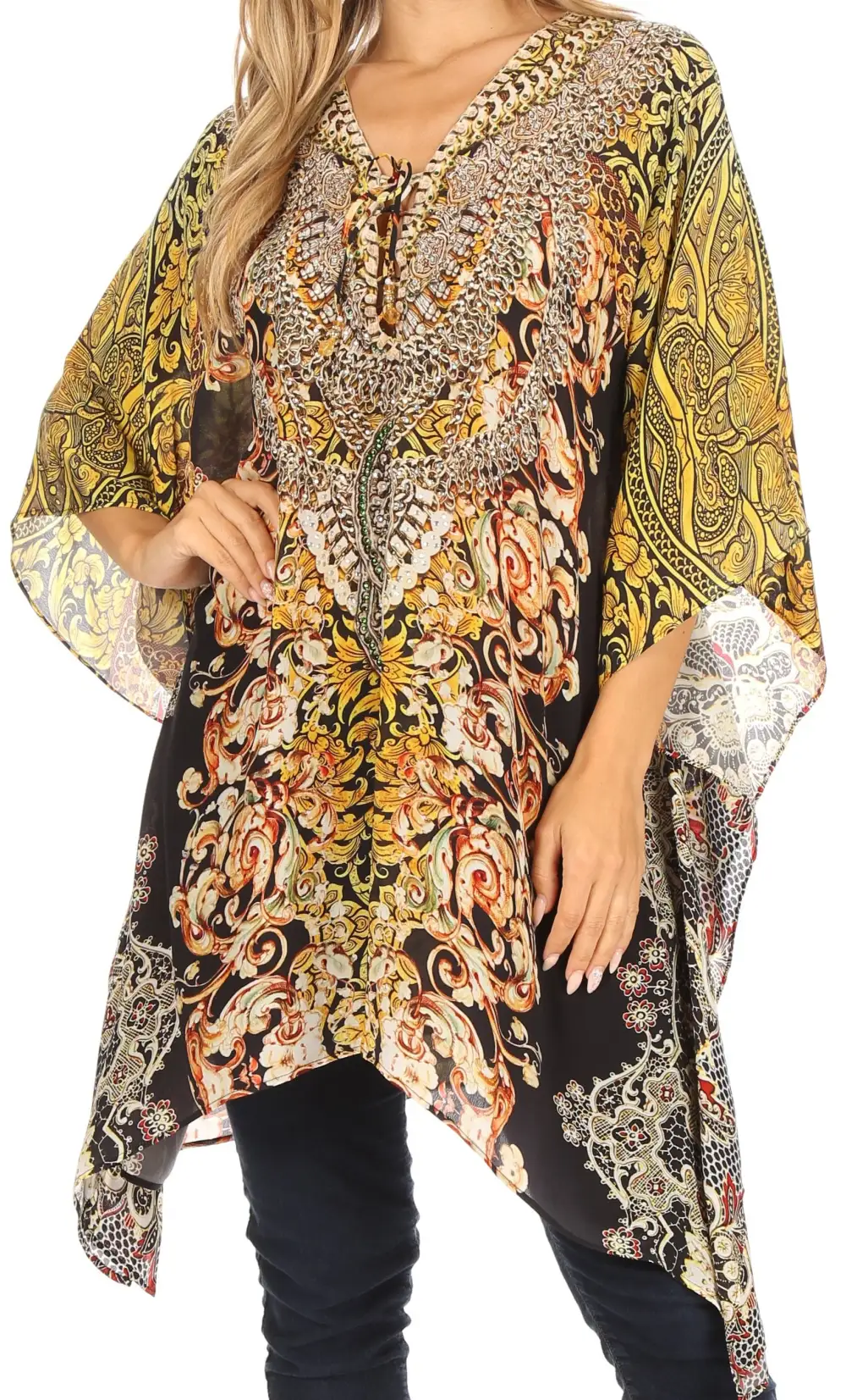Women's Caftan Poncho Cover up V neck Top Lace up With Rhinestone