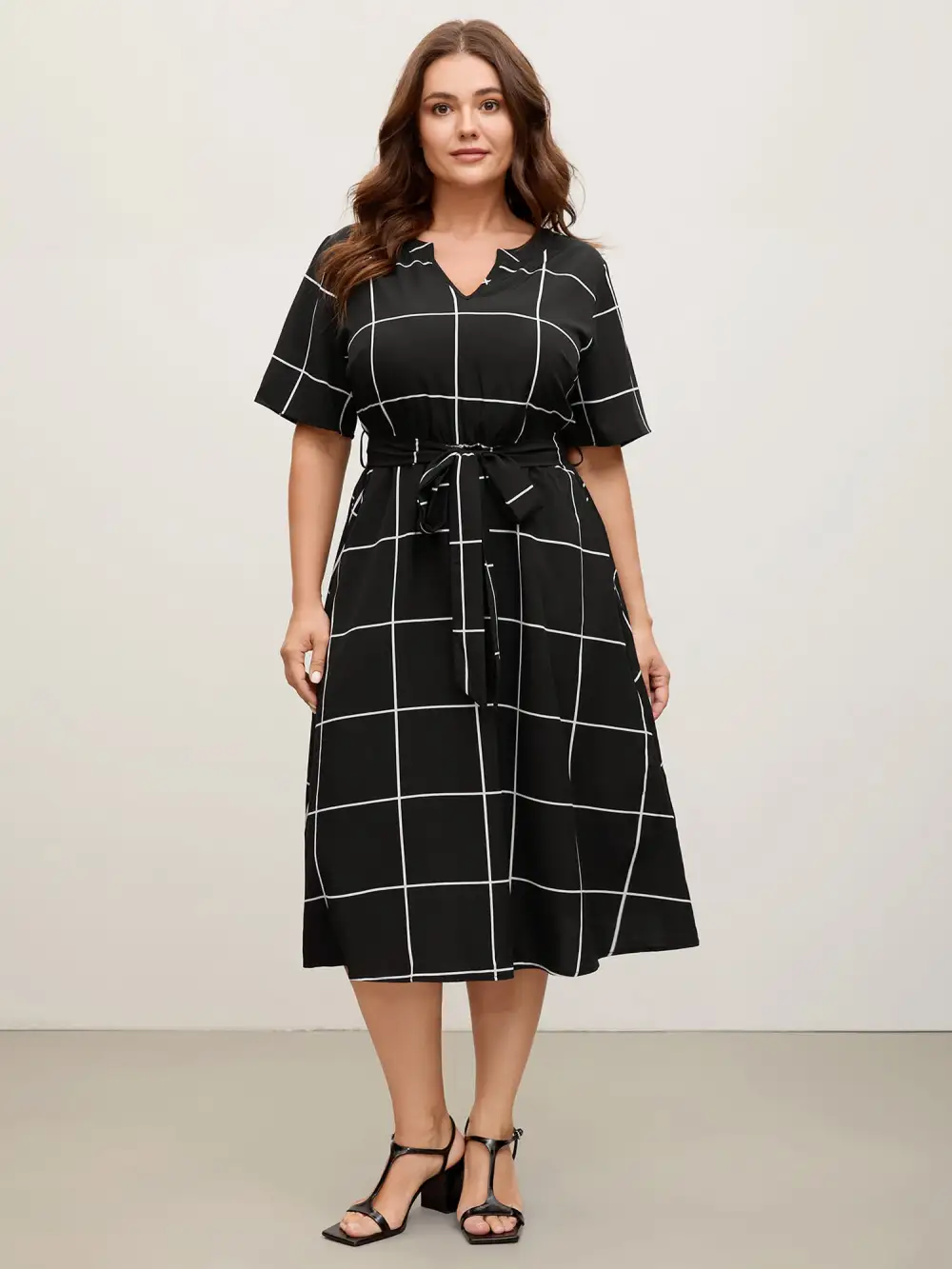 Checkered Print Belted Pockets Midi Dress