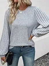 Women's Texture Blouse T Shirt Tee Top Plain Fashion Modern Long Sleeve Crew Neck Regular Tops Daily Going out Patchwork Gray Spring Fall