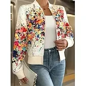 Women's Casual Jacket Comfortable Zipper Fashion Daily Modern Floral School Outdoor Vacation Home Regular Baseball Collar Regular Fit Long Sleeve Outerwear White Spring Fall