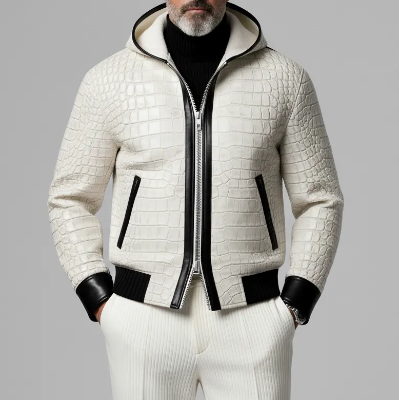Men's White PU Leather Crocodile Pattern Contrast Binding Two-Way Zipper Hooded Jacket