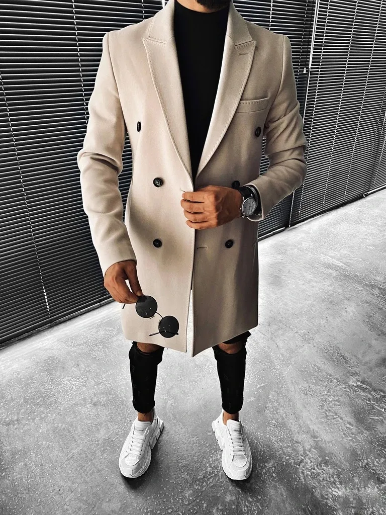 Men's Fashion Solid Color Belted Button Coat Coat